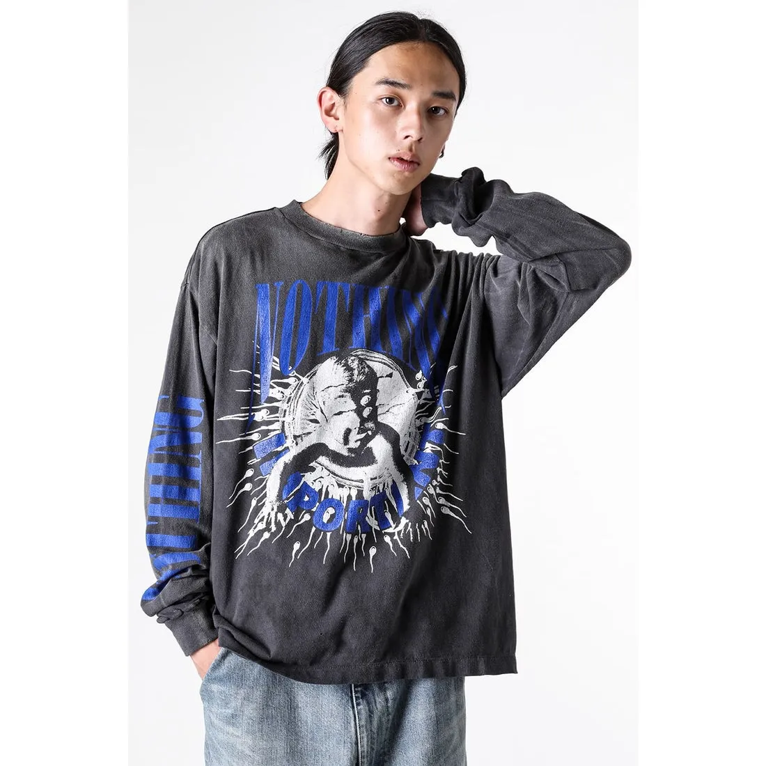 SAINT Mxxxxxx × Kosuke Kawamura's latest joint model KK_LS TEE/NOTHING IMP/BLK Holy Infant tadpole distressed long sleeves, wash black S-XL, original consistent wash mark/angel mark, original factory grade crack print, distressed mottled effect, heavy wash water, water spray fading, fade repositioning, pure handmade complex grinding and hanging